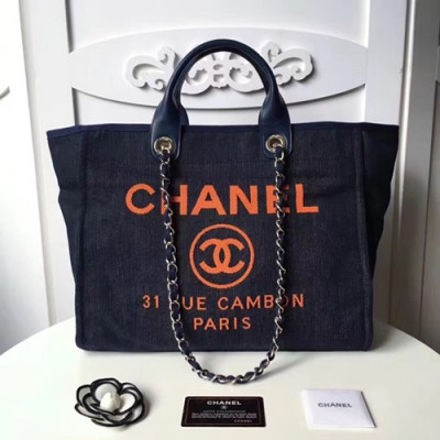 Chanel 2018 Canvas Deauville Tote Shoulder Bag,39CM - 샤넬 2018 캔버스 도빌 토트 숄더백  CHAB0291,39CM,다크네이비+오렌지