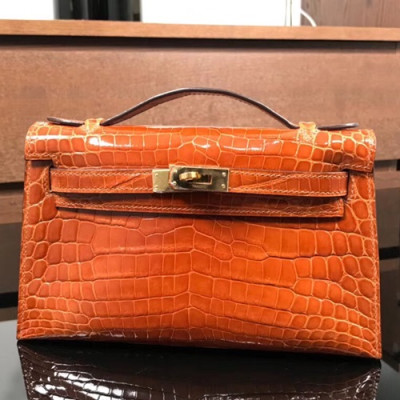 Hermes Mini Kelly Crocodile Leather Tote Bag / Clutch Bag,22cm - 에르메스 미니 켈리 크로커다일 레더 여성용 토트백/클러치백 HERB0001, 22cm,오렌지브라운