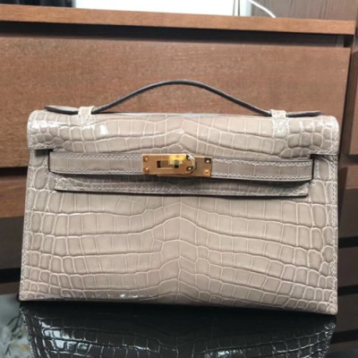 Hermes Mini Kelly Crocodile Leather Tote Bag / Clutch Bag,22cm - 에르메스 미니 켈리 크로커다일 레더 여성용 토트백/클러치백 HERB0002, 22cm,그레이