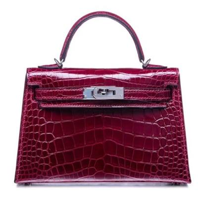 Hermes Mini Kelly 2 Crocodile Leather Tote Shoulder Bag , - 에르메스 미니 켈리 2 크로커다일 레더 여성용 토트 숄더백 HERB0021,와인