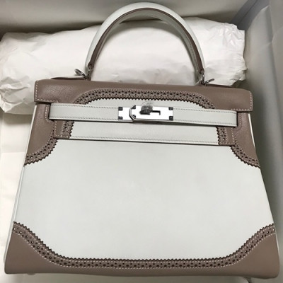 Hermes Kelly Swift Leather Tote Shoulder Bag ,28cm - 에르메스 켈리 스위프트 레더 여성용 토트 숄더백 HERB0096,28cm,크림+그레이