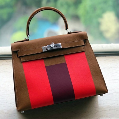 Hermes Kelly Leather Tote Shoulder Bag ,28cm - 에르메스 켈리 레더 여성용 토트 숄더백 HERB0129,28cm,브라운+레드