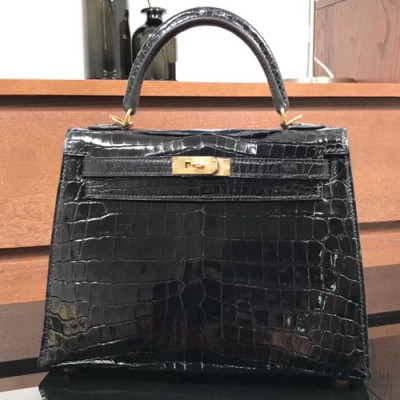 Hermes Kelly Crocodile Leather Tote Shoulder Bag ,25cm - 에르메스 켈리 크로거다일 레더 여성용 토트 숄더백 HERB0136,25cm,블랙