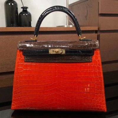 Hermes Kelly Crocodile Leather Tote Shoulder Bag ,25cm - 에르메스 켈리 크로커다일 레더 여성용 토트 숄더백 HERB0137,25cm,레드오렌지+브라운