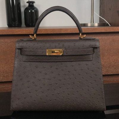 Hermes Kelly Ostrich Leather Tote Shoulder Bag ,28cm - 에르메스 켈리 오스트리치 레더 여성용 토트 숄더백 HERB0247,28cm,다크브라운