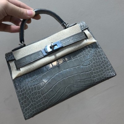 Hermes Mini Kelly 2 Crocodile Leather Tote Shoulder Bag , - 에르메스 미니 켈리 2 크로커다일 레더 여성용 토트 숄더백 HERB0294,그레이