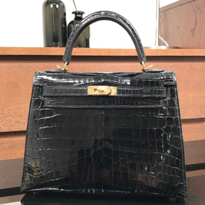 Hermes Kelly Crocodile Leather Tote Shoulder Bag ,28cm - 에르메스 켈리 크로커다일 레더 여성용 토트 숄더백 HERB0388,28cm,블랙