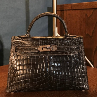 Hermes Mini Kelly 2 Crocodile Leather Tote Shoulder Bag , - 에르메스 미니 켈리 2 크로커다일 레더 여성용 토트 숄더백 HERB0401,그레이