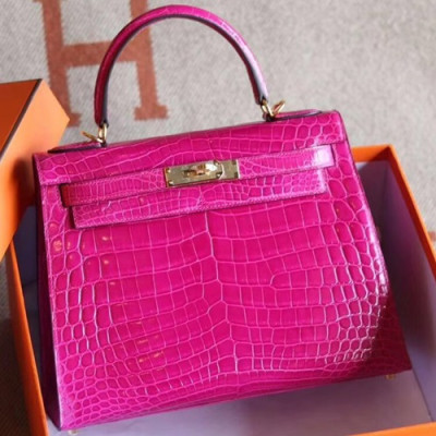 Hermes Kelly Crocodile Leather Tote Shoulder Bag ,28cm - 에르메스 켈리 크로커다일 레더 여성용 토트 숄더백 HERB0487,28cm,핑크