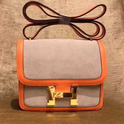 Hermes Constance Velvet & Leather Shoulder Bag,19cm - 에르메스 콘스탄스 벨벳&레더 여성용 숄더백 HERB0498, 19cm,그레이