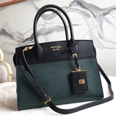 Prada Saffiano Tote Shoulder Bag,30cm - 프라다 사피아노 여성용 토트 숄더백 ,1BA046-1,30cm,그린+블랙