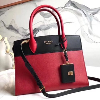 Prada Saffiano Tote Shoulder Bag,30cm - 프라다 사피아노 여성용 토트 숄더백 ,1BA046-2,30cm,레드+블랙