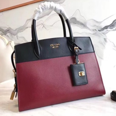 Prada Saffiano Tote Shoulder Bag,30cm - 프라다 사피아노 여성용 토트 숄더백 ,1BA046-3,30cm,와인+블랙