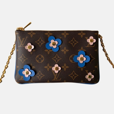 Louis Vuitton 2019 Pochette Flower Double Zip Chain Shoulder Cross Bag,20cm - 루이비통 2019 포쉐트 더블 집 체인 숄더 크로스백 M63905,LOUB1062,20cm,브라운+블루