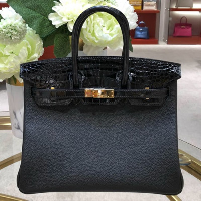 Hermes Birkin Crocodile & Leather Tote Shoulder Bag ,25cm - 에르메스 버킨 크로코다일&레더 여성용 토트 숄더백 HERB0680,25cm,블랙