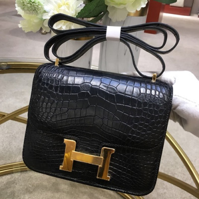 Hermes Constance Crocodile Leather Shoulder Bag,18cm - 에르메스 콘스탄스 크로커다일 레더 여성용 숄더백 HERB0698, 18cm,블랙