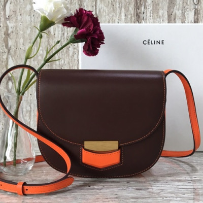 Celine Leather Trotteur Shoulder Bag,19CM - 셀린느 레더 트로터 숄더백 ,77425-12,19CM,다크브라운+오렌지