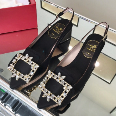 Roger Vivier 2019 Ladies Embellished Strass Logo Silk Middle-heel Slingback - 로저비비에 여성 엠벨리쉬 스타라스 로고 실크 미들힐 슬링백 Rog0070x.Size(225 - 245).블랙