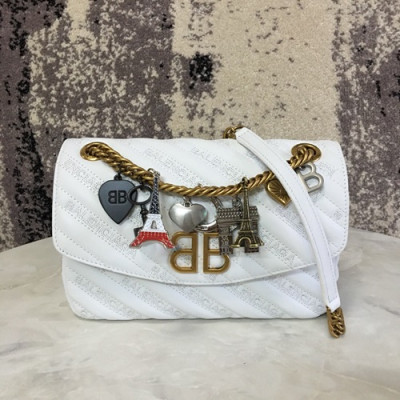 Balenciaga 2019 BB Round Leather Chain Shoulder Bag,22CM - 발렌시아가 2019 BB 라운드 레더 체인 숄더백,BGB0245,22CM,화이트(옐로우골드),화이트(실버)