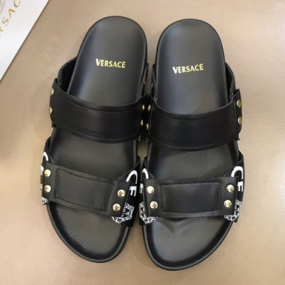 Versace 2019 Mens Logo Leather Slipper - 베르사체 남성 로고 레더 슬리퍼 Ver0229x.Size(240 - 275).블랙