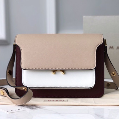 Marni 2019 Trunk Leather Shoulder Bag,24CM - 마르니 2019 트렁크 레더 숄더백, MARB0016,24CM,와인(베이지+화이트)