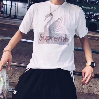 SUPREME& SWAROVSKI 2019 Mens Logo Cotton Short Sleeved Tshirt - 슈프림&스와로브스키 남성 로고 코튼 반팔티 supts0001.Size(xs - xl).화이트