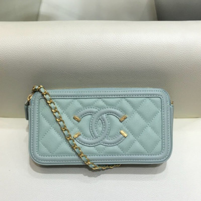 Chanel 2019 Leather Double Zip Chain Shoulder Bag / Phone Bag,19CM - 샤넬 2019 레더 더블 지퍼 체인 숄더백/폰 백 CHAB1189,19CM,스카이블루