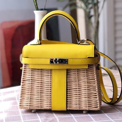 Hermes 2019 Kelly Picnic Rattan Tote Bag ,20cm - 에르메스 2019 켈리 피크닉 라탄 여성용 토트백 HERB0730,20cm,옐로우