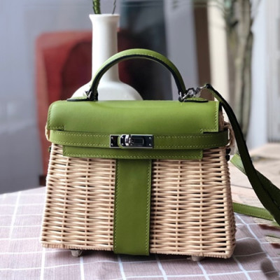 Hermes 2019 Kelly Picnic Rattan Tote Bag ,20cm - 에르메스 2019 켈리 피크닉 라탄 여성용 토트백 HERB0732,20cm,그린