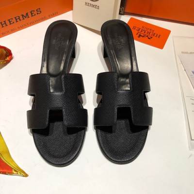 Hermes 2019 Ladies Oasis Leather Middle Heel Slipper - 에르메스 2019 여성용 오아시스 레더 미들힐 슬리퍼 HERS0090,Size(225 - 250).블랙