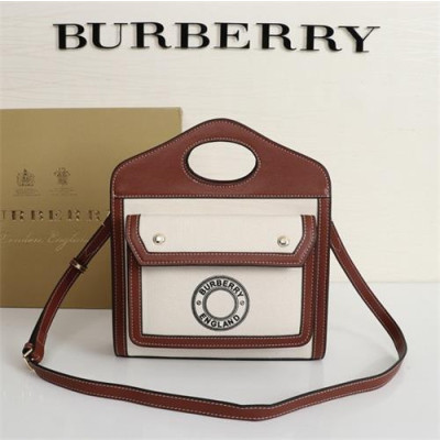 [버버리] Burberry Custom Mini Two-tone Canvas Leather Pocket Tote Bag 23cm - 버버리 커스텀급 미니 투톤 캔버스 레더 포켓 토트백 BURB0506, 23cm, 브라운