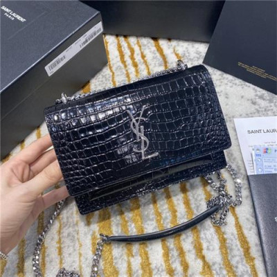 [입생로랑] Saint Laurent CustomCrocodile Sunset  Chain Mini Shoulder Bag Silver Logo 17cm - 입생로랑 커스텀급 크로커다일 미니 선셋 체인 미니 숄더백 실버 로고 SLB0604, 17cm, 블랙