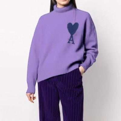 Ami Mm/Wm Logo Casual Turtle-neck Sweaters Purple - 아미 2021 남/녀 로고 캐쥬얼 터틀넥 스웨터 Ami0190x Size(s - l) 퍼플