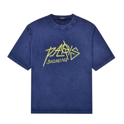 발렌시아가 남자 크루넥 블루 반팔티 - Unisex Blue Tshirts - bal01282x