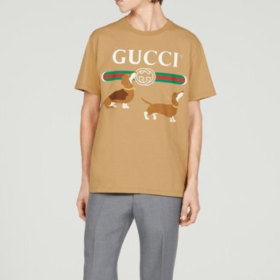 구찌 남/녀 카멜 크루넥 반팔티 - Gucci Unisex Camel Short sleeved T-shirts - gu361x