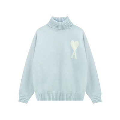 아미 남/녀 블루 터틀넥 니트 - Ami Unisex Blue Knits - amc110x