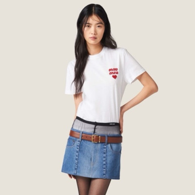 미우미우 여성 화이트 반팔 티셔츠 - Miumiu Womens White Tshirts - mic1044x